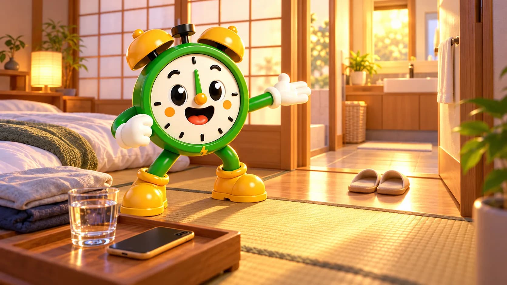 障子越しに朝の光が差す畳の部屋で、布団と朝の支度の品のそばにいるTiko