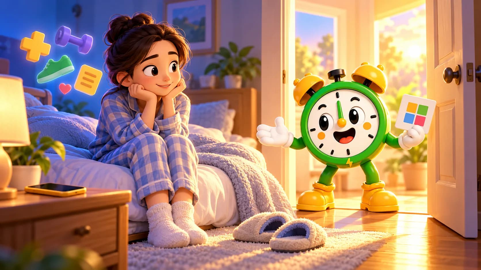 Dormitorio entre la noche y el amanecer, con una persona adulta sentada en la cama, el teléfono boca abajo y Tiko junto al camino despejado hacia la puerta