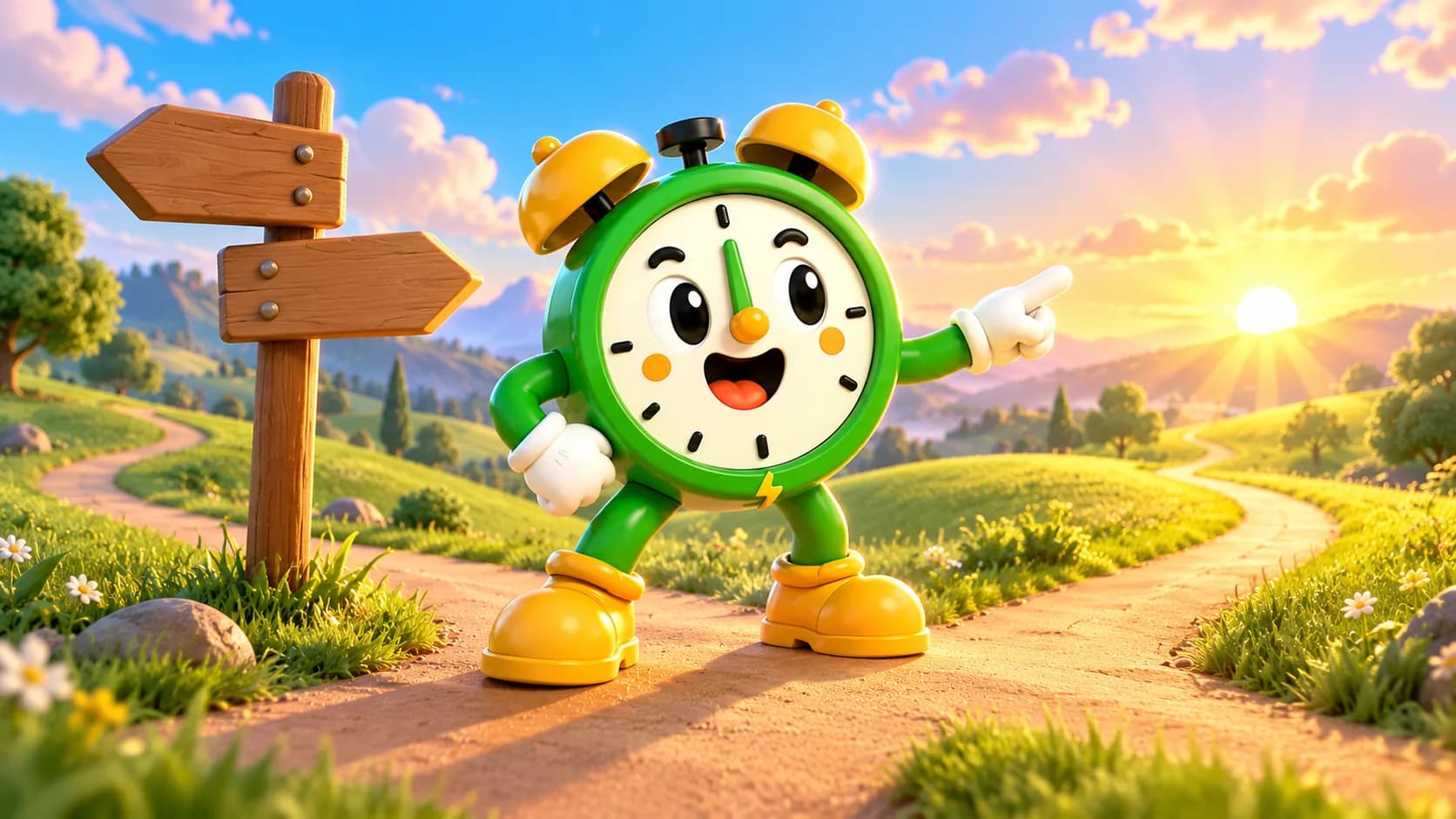 Tiko the alarm clock mascot at a fork in a path through green hills at sunrise, pointing down one road