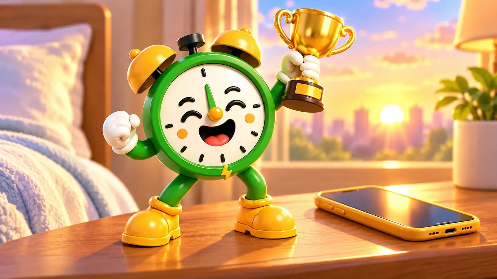 Tiko the alarm clock mascot holding up a golden trophy on a bedside table next to a smartphone at sunrise