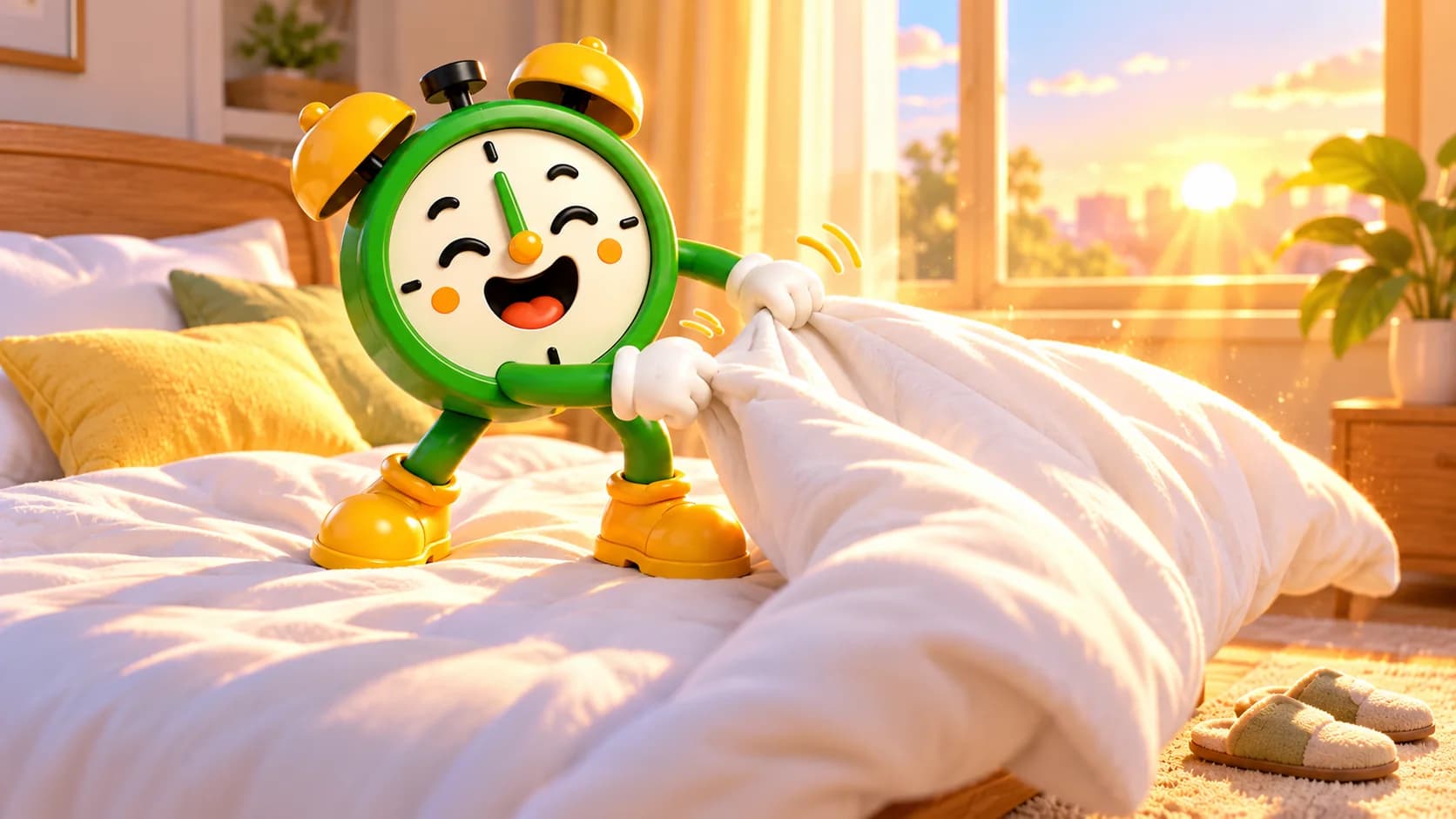 Tiko the alarm clock mascot standing on a bed pulling the duvet off in bright morning sunlight