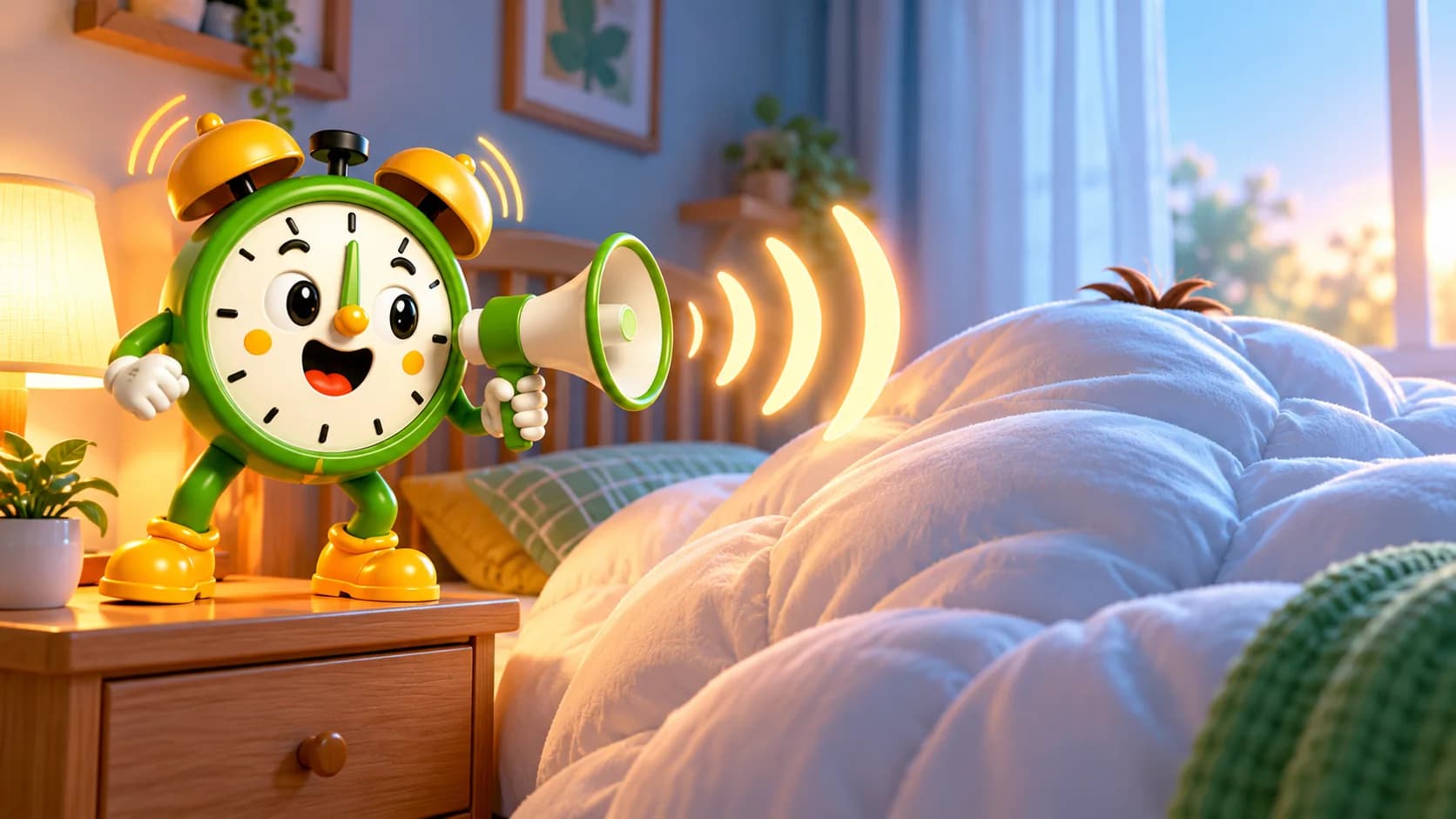 Tiko shouting through a megaphone at someone buried under a fluffy duvet