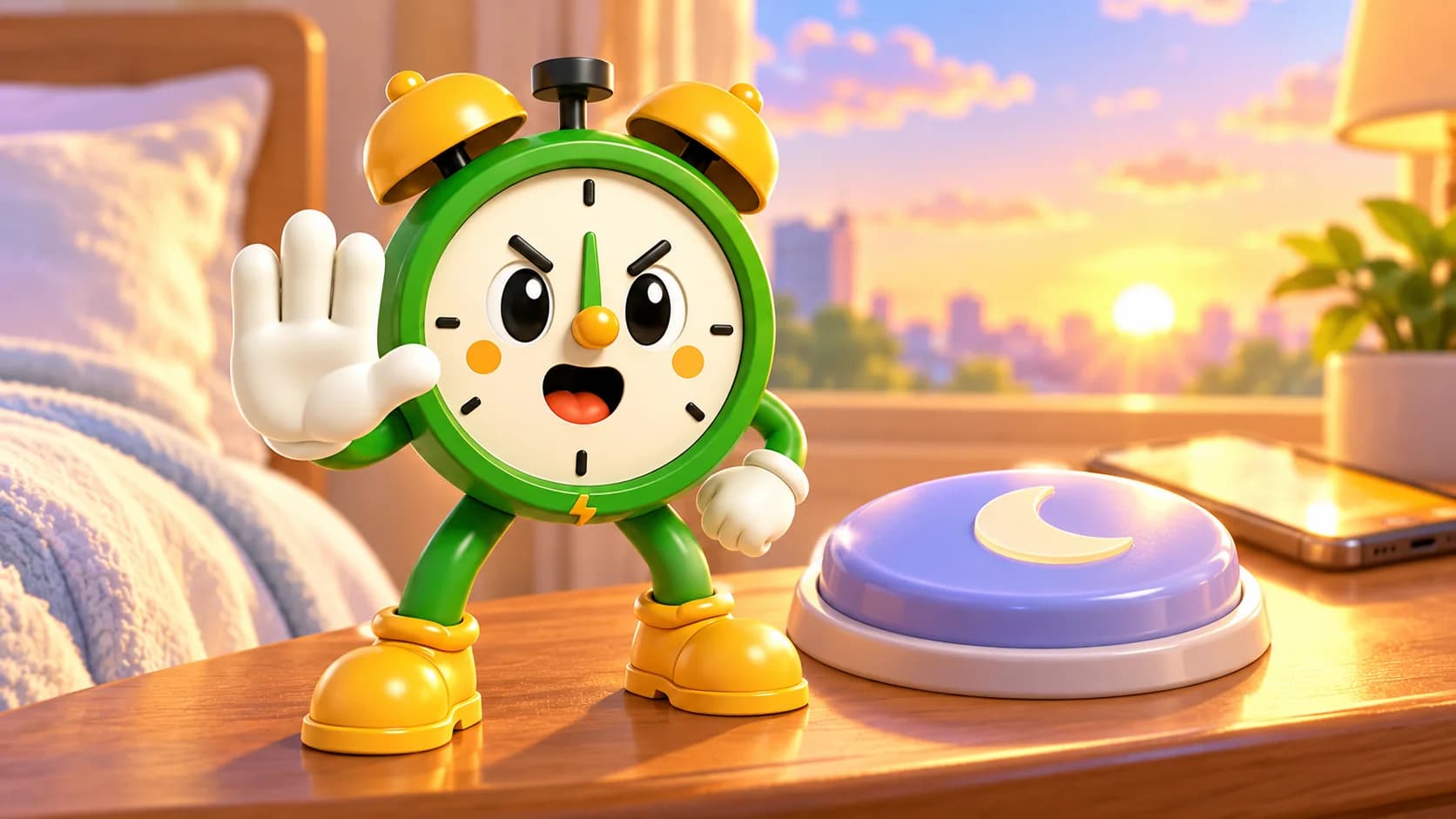 Tiko holding up a hand in front of a giant snooze button on a nightstand