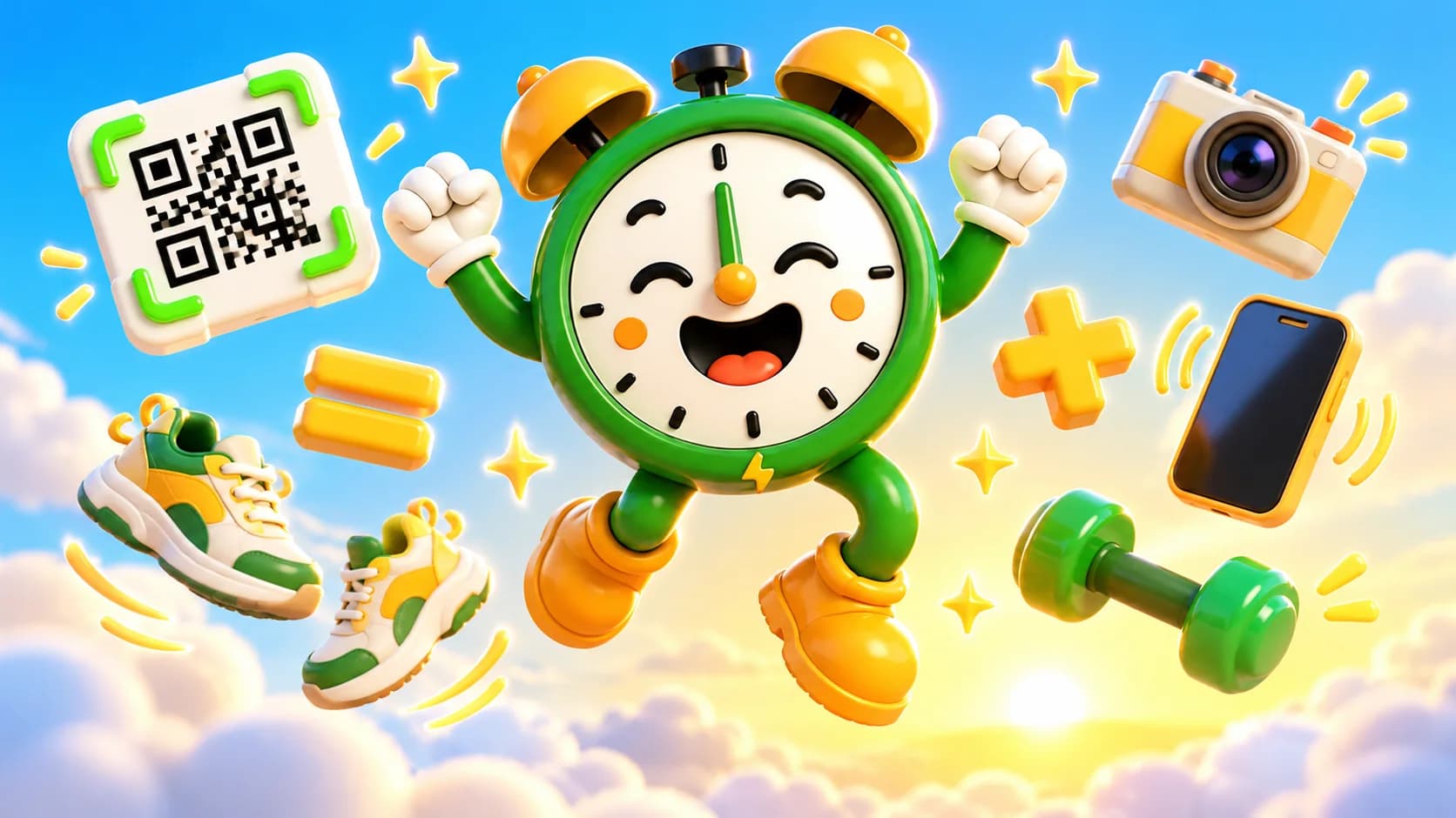 Tiko jumping for joy surrounded by mission icons: a QR code, sneakers, a camera, a phone and a dumbbell