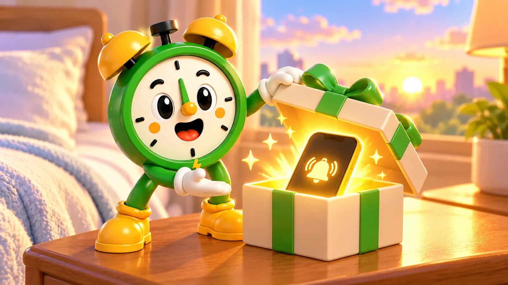 Tiko the alarm clock mascot presenting a gift box with a glowing smartphone inside on a bedside table at sunrise