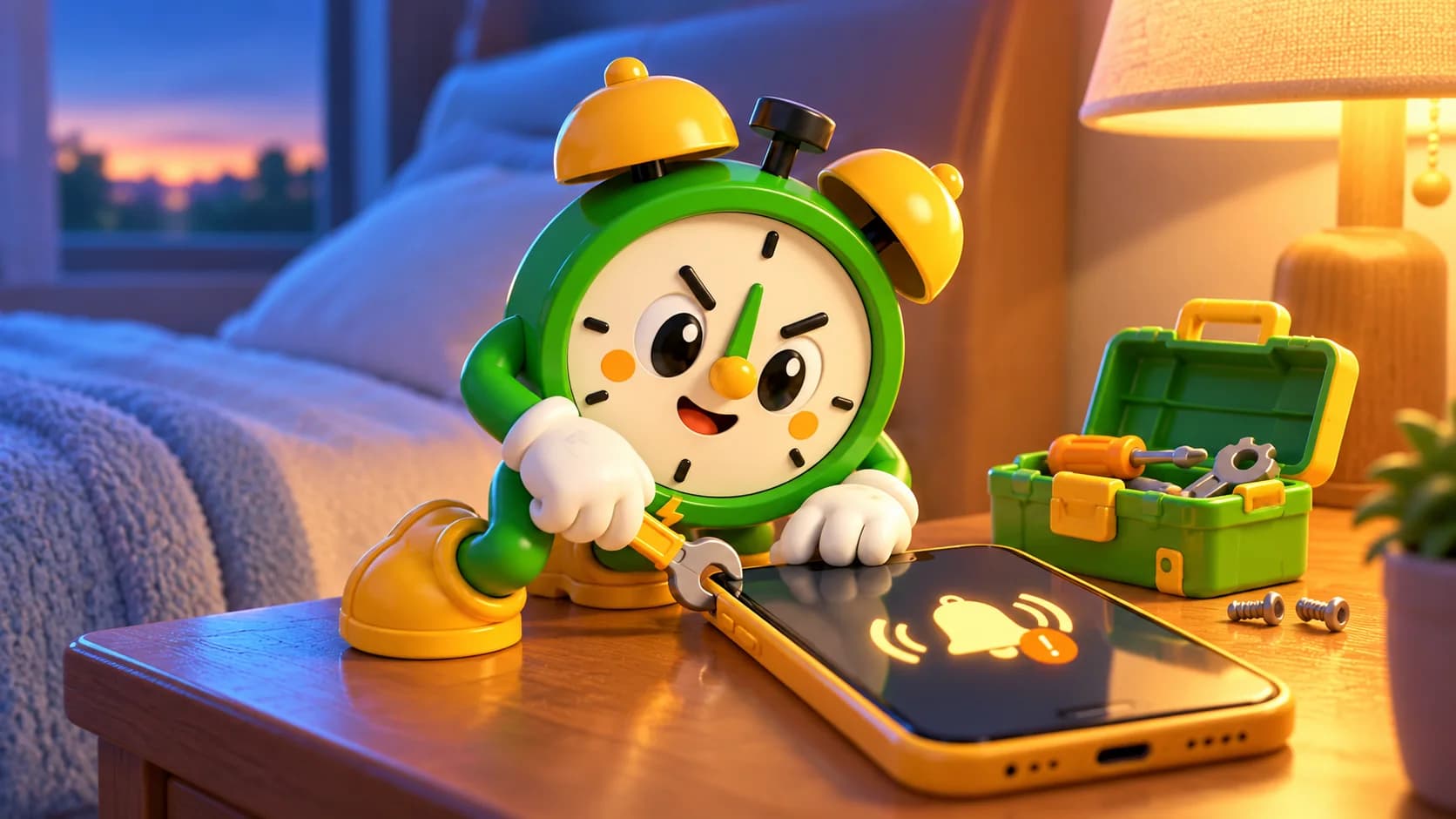 Tiko the alarm clock mascot fixing a smartphone on a nightstand with a toy wrench before dawn