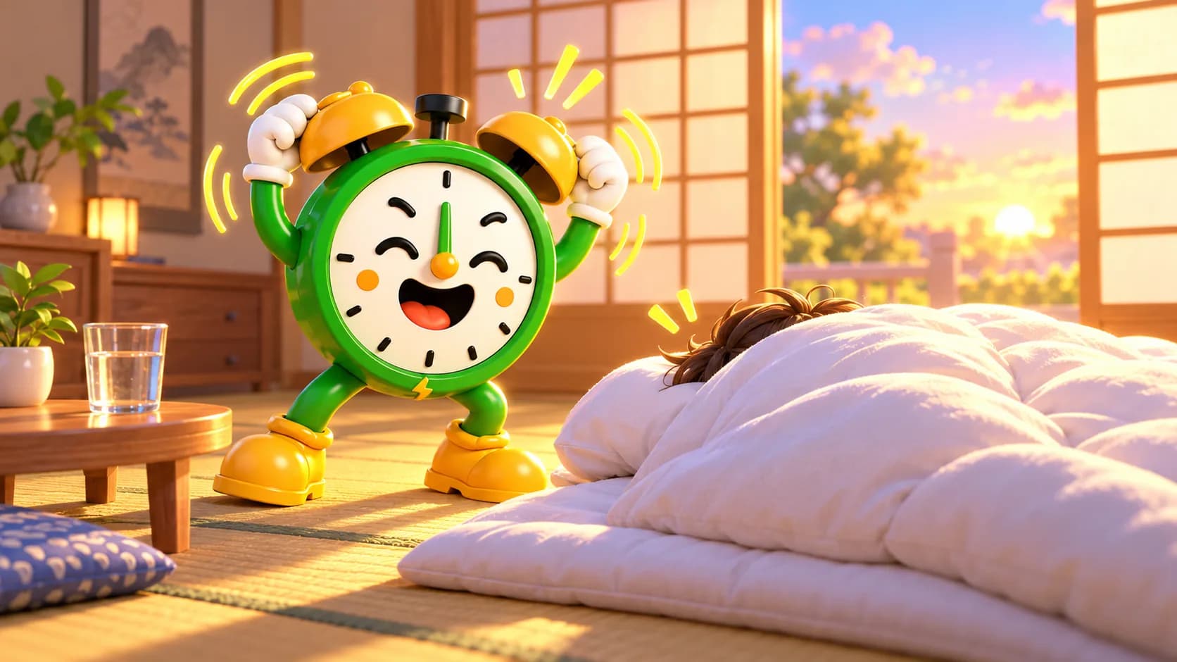早朝の居心地のいい和室で、ふかふかの布団にすっぽり埋もれて眠る人の横で、Tikoがベルを鳴らしている様子