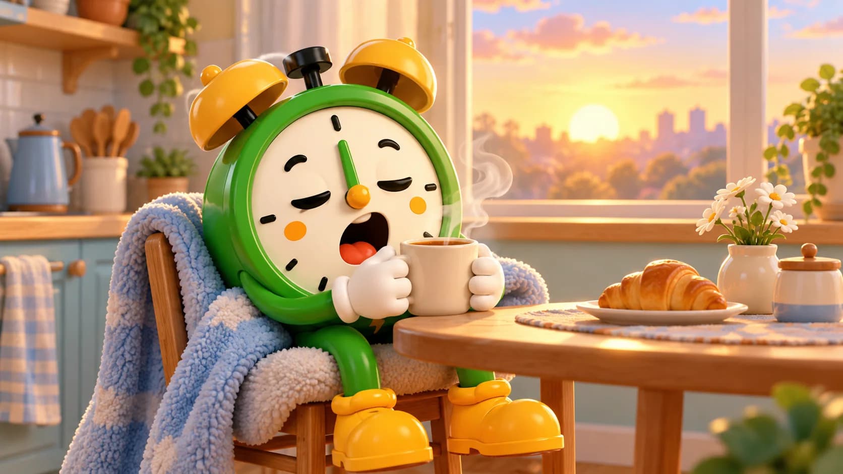 Sleepy Tiko yawning at a kitchen table with a cup of coffee at sunrise