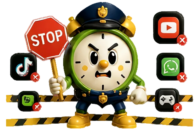 Tiko dressed as a police officer holding a stop sign next to blocked apps