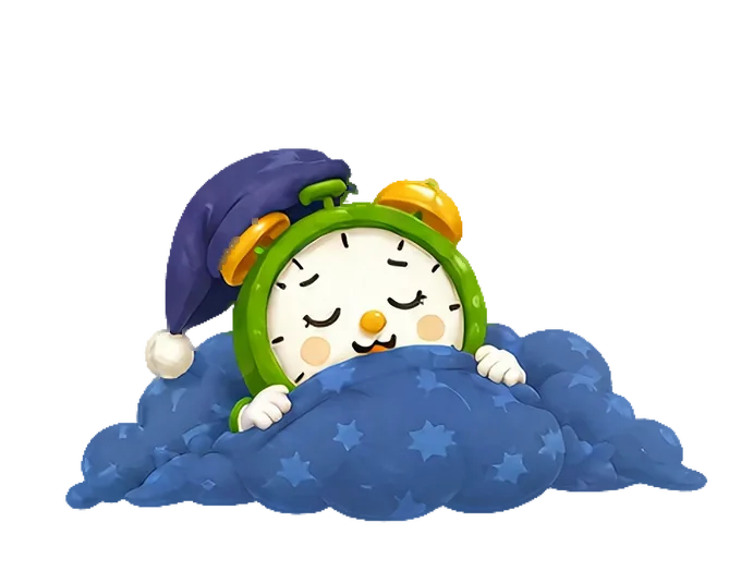 Tiko asleep on a cosy blue cloud in a nightcap